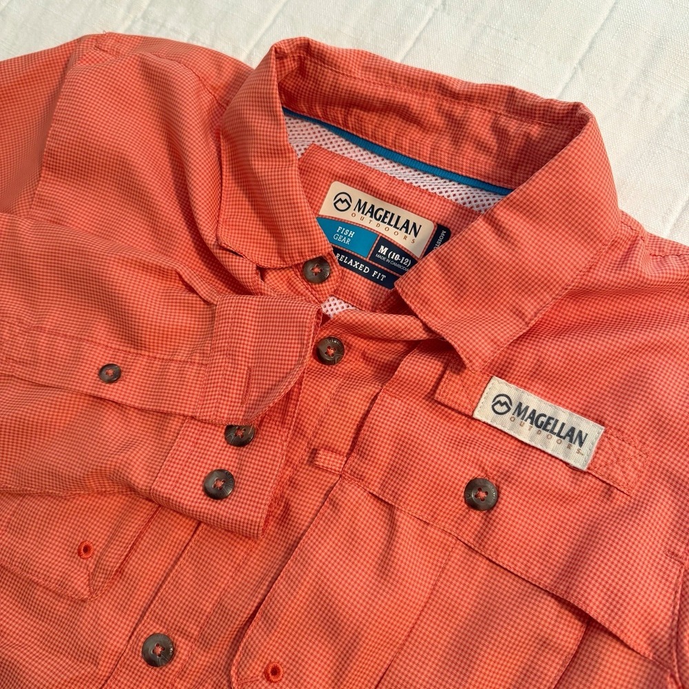 Magellan Outdoors Fish Gear Shirt Orange Vented Youth Size Med 10-12 Long Sleeve